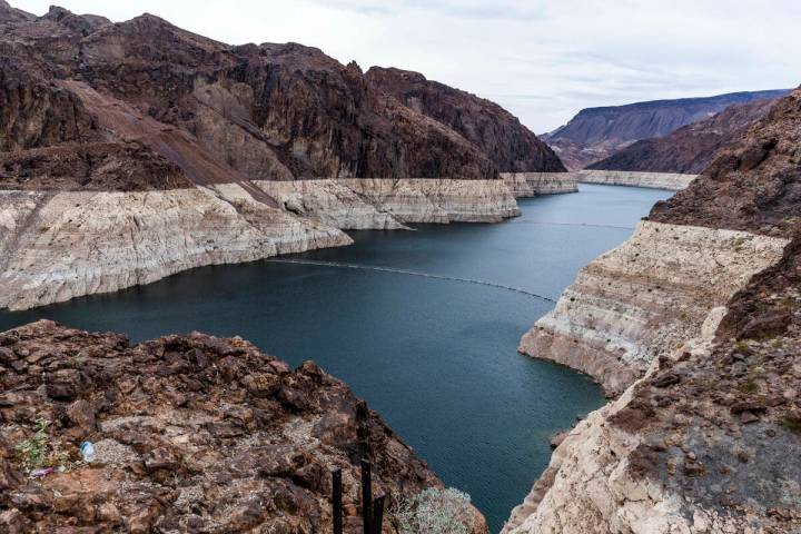 The bathtub ring on Lake Mead is well defined above Hoover Dam at the Lake Mead National Recrea ...