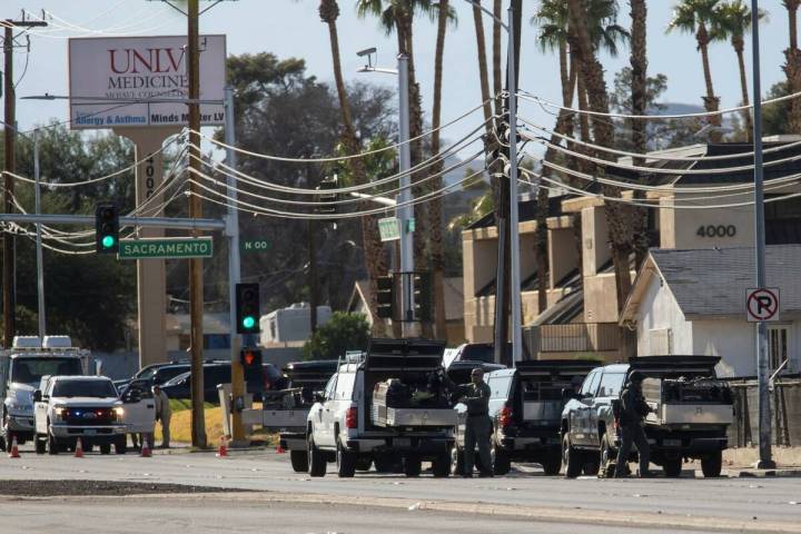 Police presence on Charleston Avenue near Sacramento Drive in Las Vegas, Tuesday, Sept. 21, 202 ...