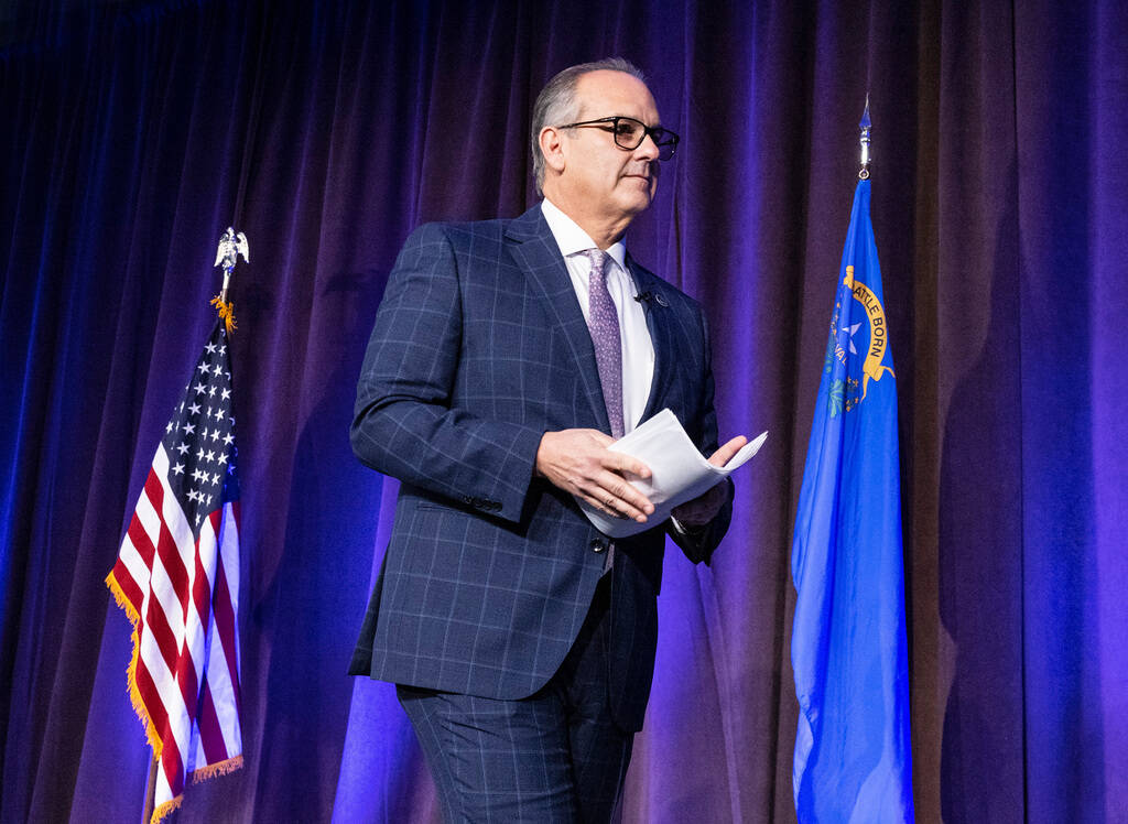 Clark County School District Superintendent Jesus F. Jara leaves the podium after delivering th ...