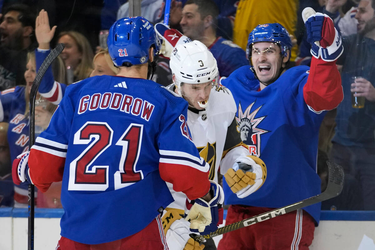 Vegas Golden Knights defenseman Brayden McNabb (3) skates between New York Rangers left wing Ch ...