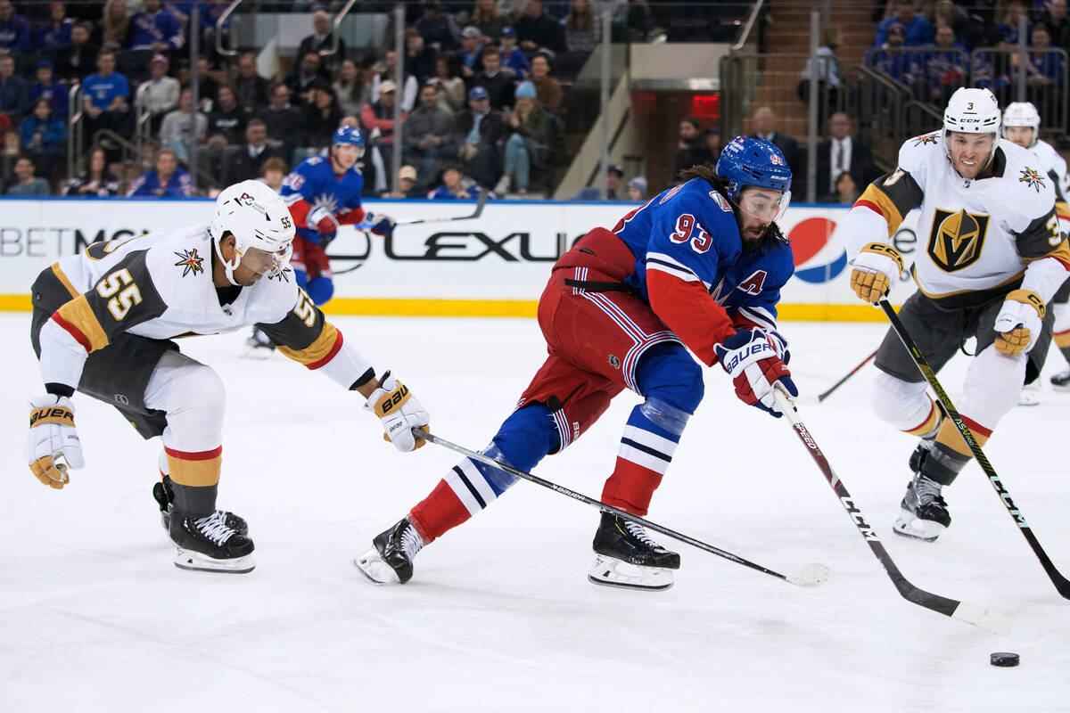 New York Rangers center Mika Zibanejad (93) skates against Vegas Golden Knights right wing Keeg ...