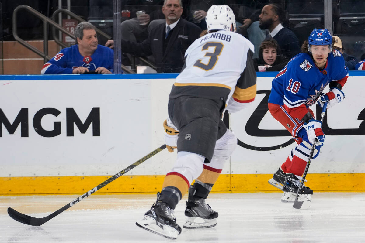 New York Rangers left wing Artemi Panarin (10) skates against Vegas Golden Knights defenseman B ...