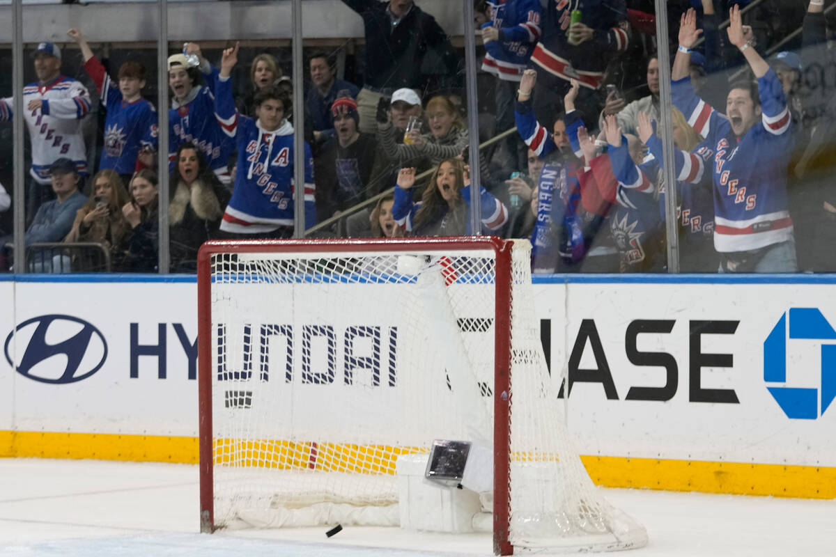 New York Rangers fans react as New York Rangers left wing Jimmy Vesey scored an empty-net goal ...