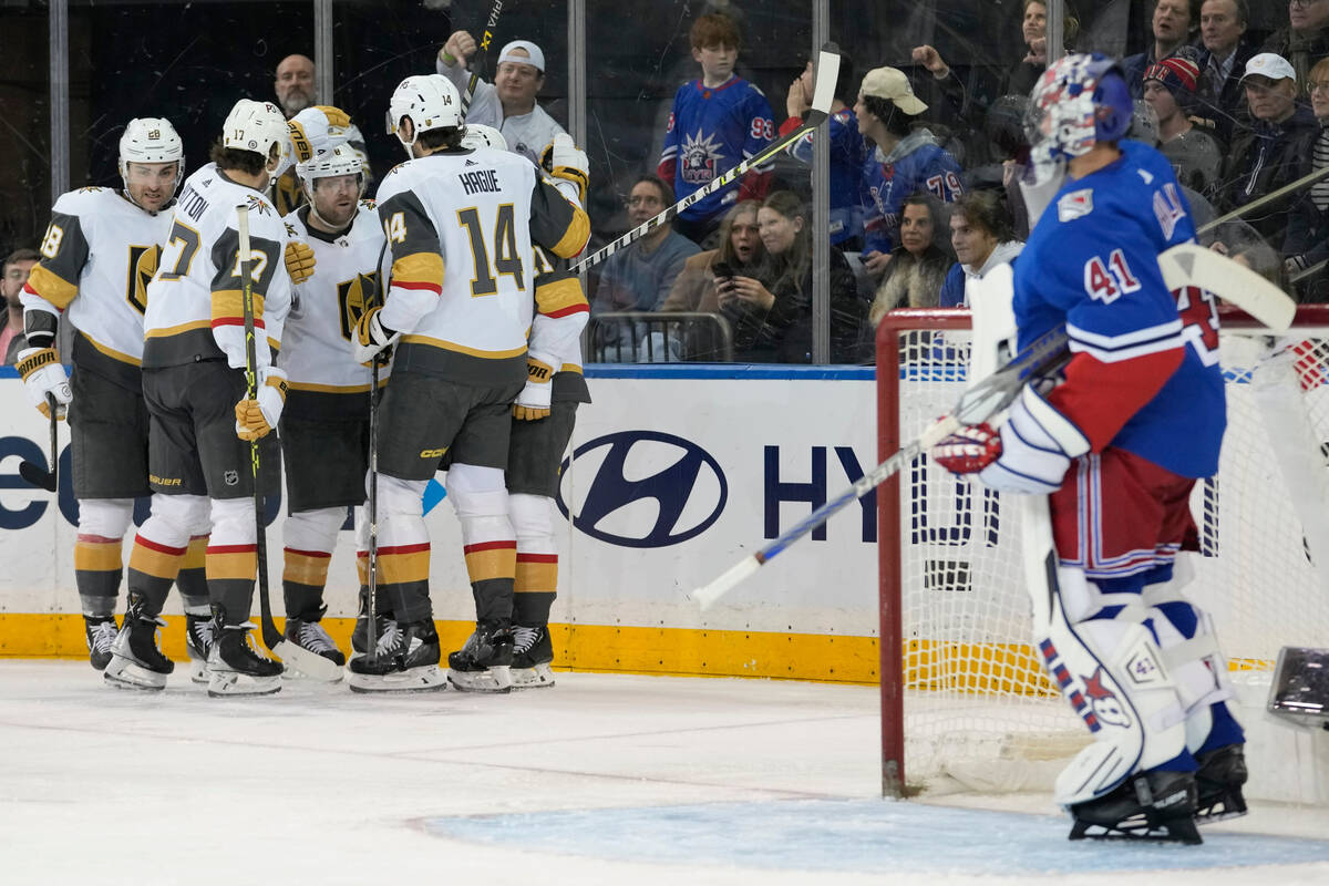 Vegas Golden Knights celebrates a goal by right wing Phil Kessel (8) against New York Rangers g ...