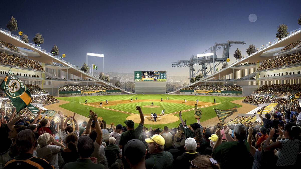 This artists rendering provided by BIG/Oakland A's show the proposed stadium for the Oakland At ...