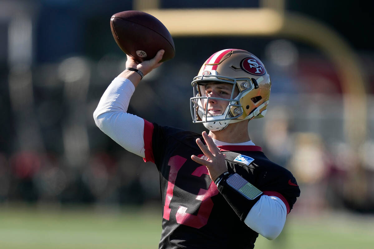 San Francisco 49ers quarterback Brock Purdy (13) passes during an NFL football practice in Sant ...