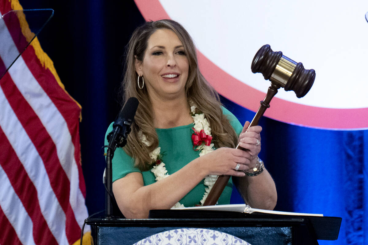 Re-elected Republican National Committee Chair Ronna McDaniel holds a gavel while speaking at t ...