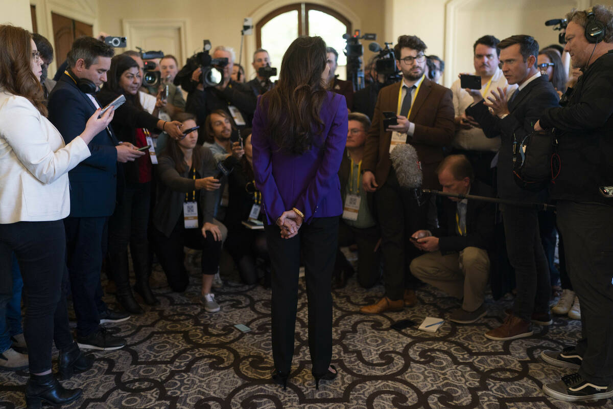 Harmeet Dhillon listens to questions from the media at the Republican National Committee winter ...
