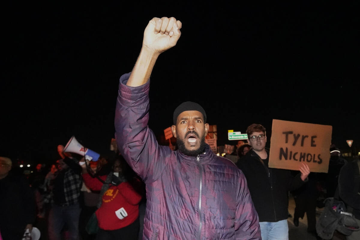 Protesters march Friday, Jan. 27, 2023, in Memphis, Tenn., as authorities release police video ...