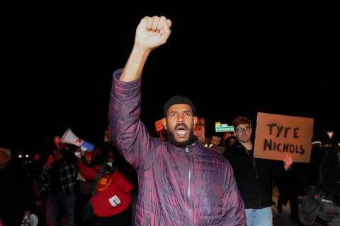 Protesters march Friday, Jan. 27, 2023, in Memphis, Tenn., as authorities release police video ...