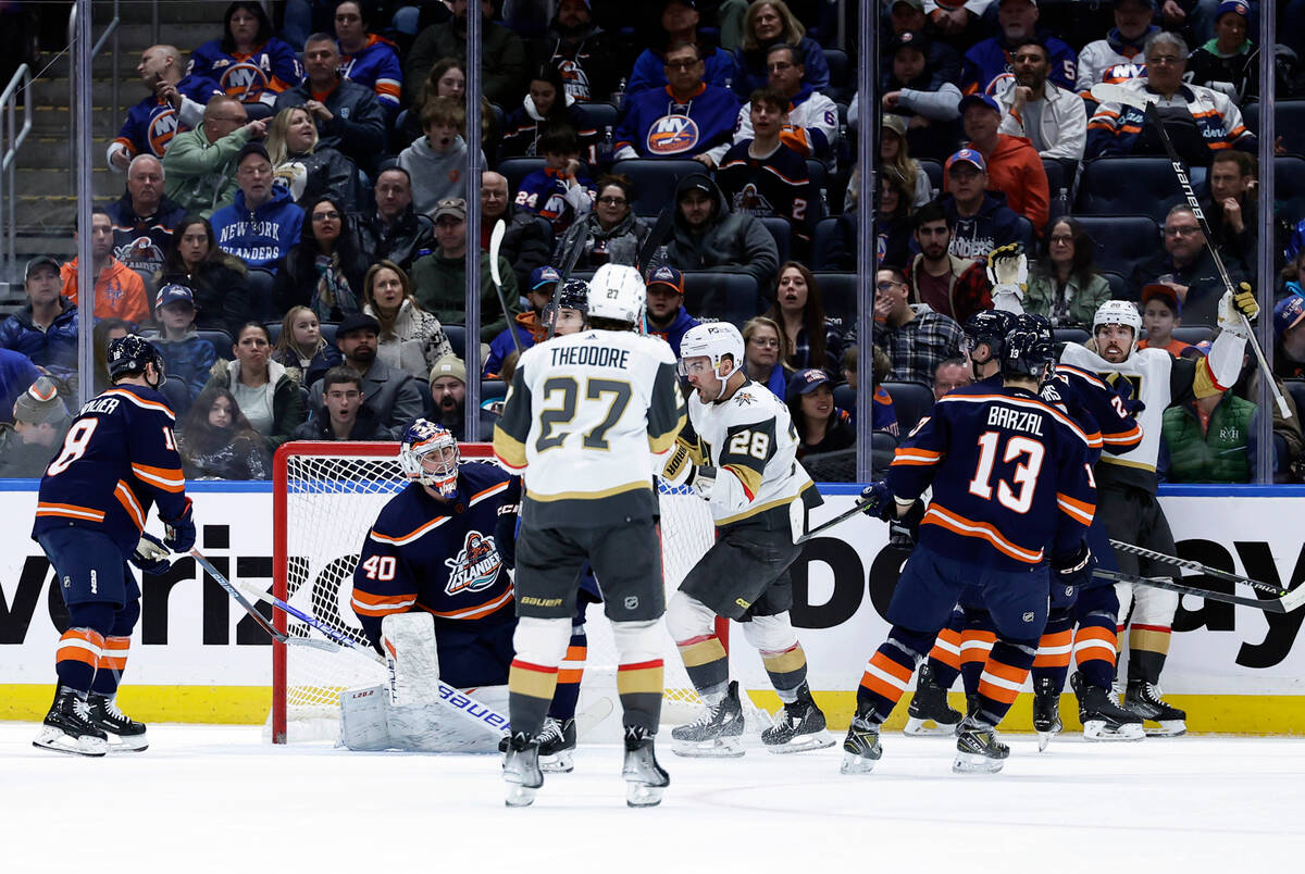 Vegas Golden Knights left wing William Carrier (28) reacts after scoring a goal past New York I ...