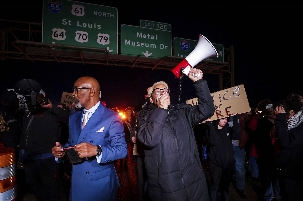 Protesters blockade the Interstate 55 bridge during a protest over the death of Tyre Nichols, i ...