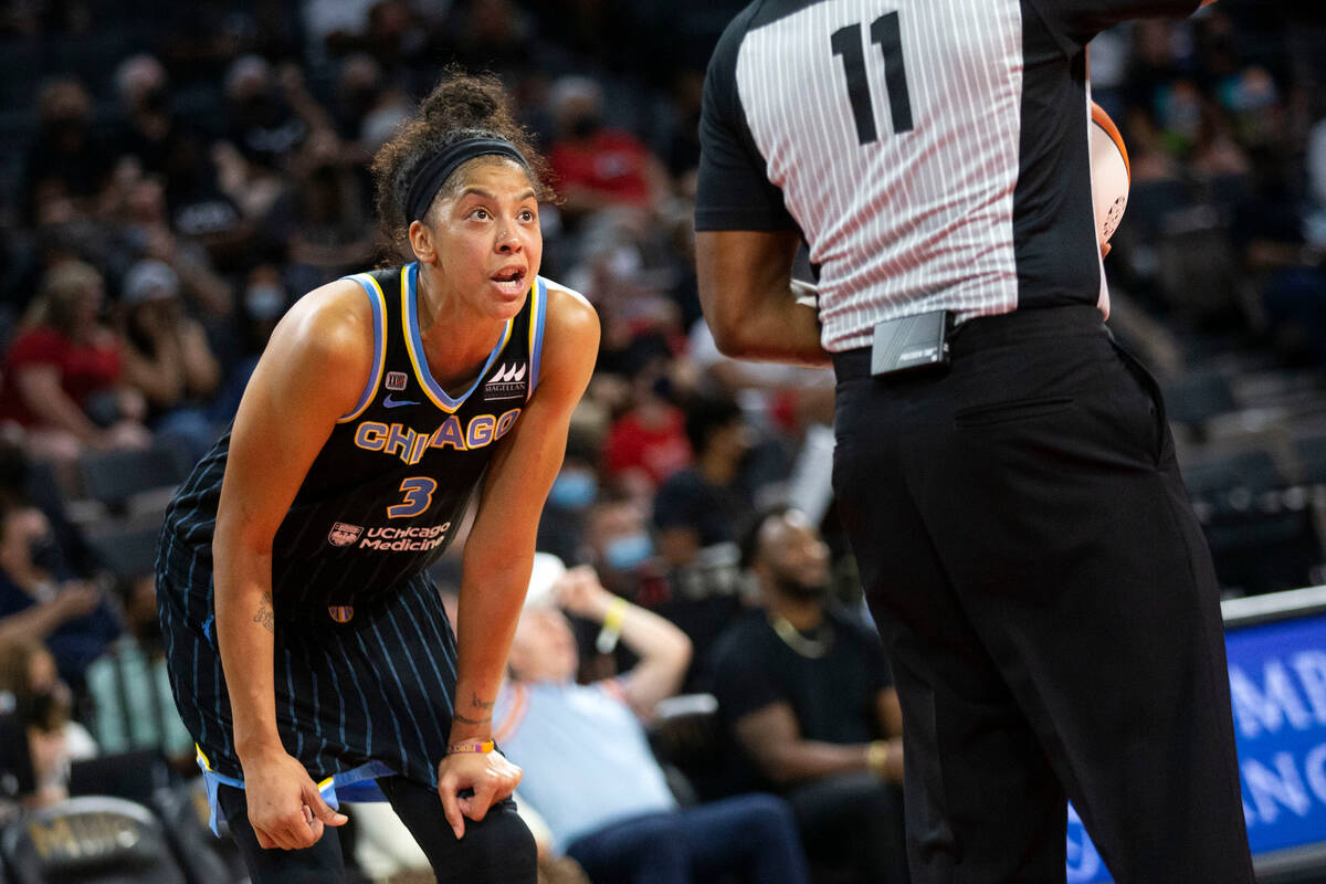 Chicago Sky forward/center Candace Parker (3) has a disagreement with a referee during the seco ...