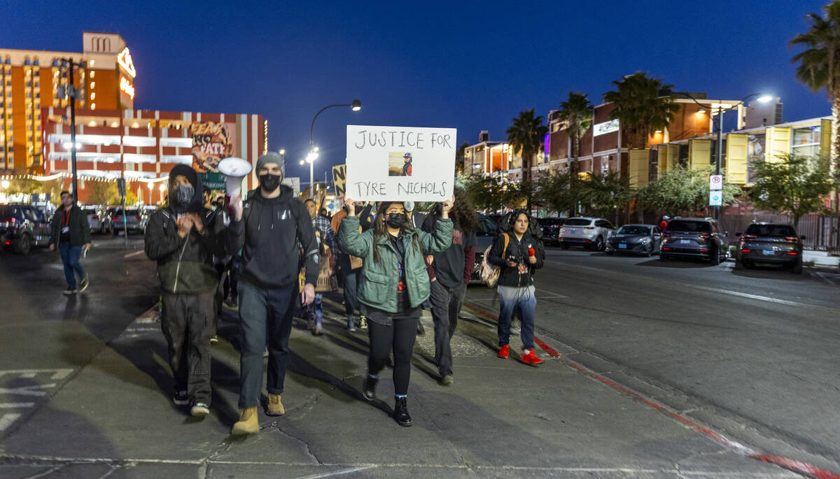 Participants march and chant down S. 7th Street during a rally for Tyre Nichols organized by Re ...