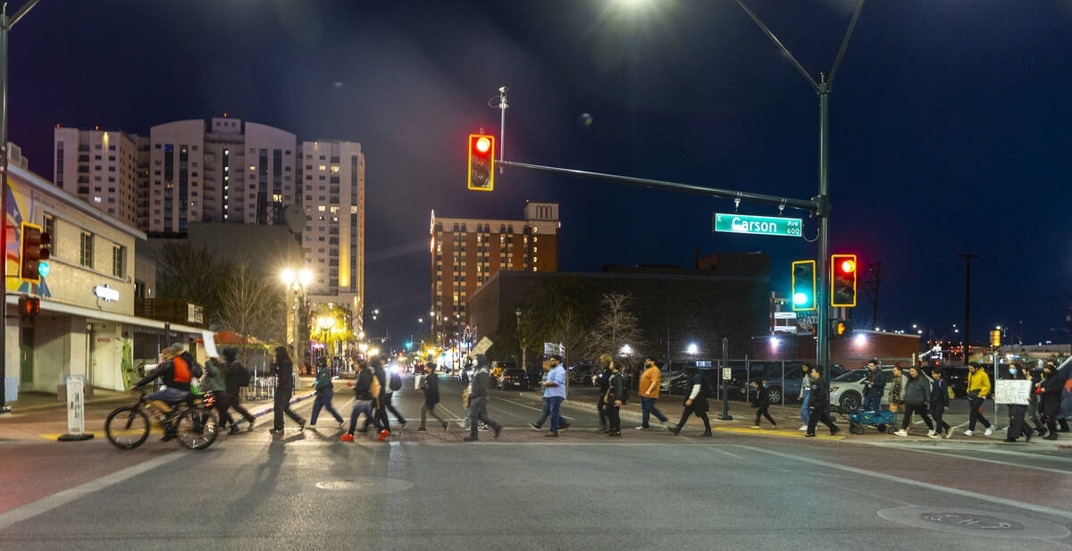 Participants march and chant along E. Carson Avenue during a rally for Tyre Nichols organized b ...