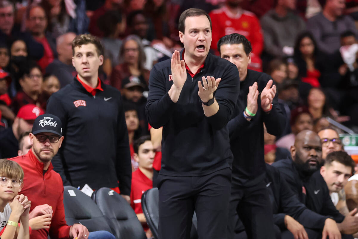 UNLV Rebels head coach Kevin Kruger reacts after a play against Hawaii during the first half of ...