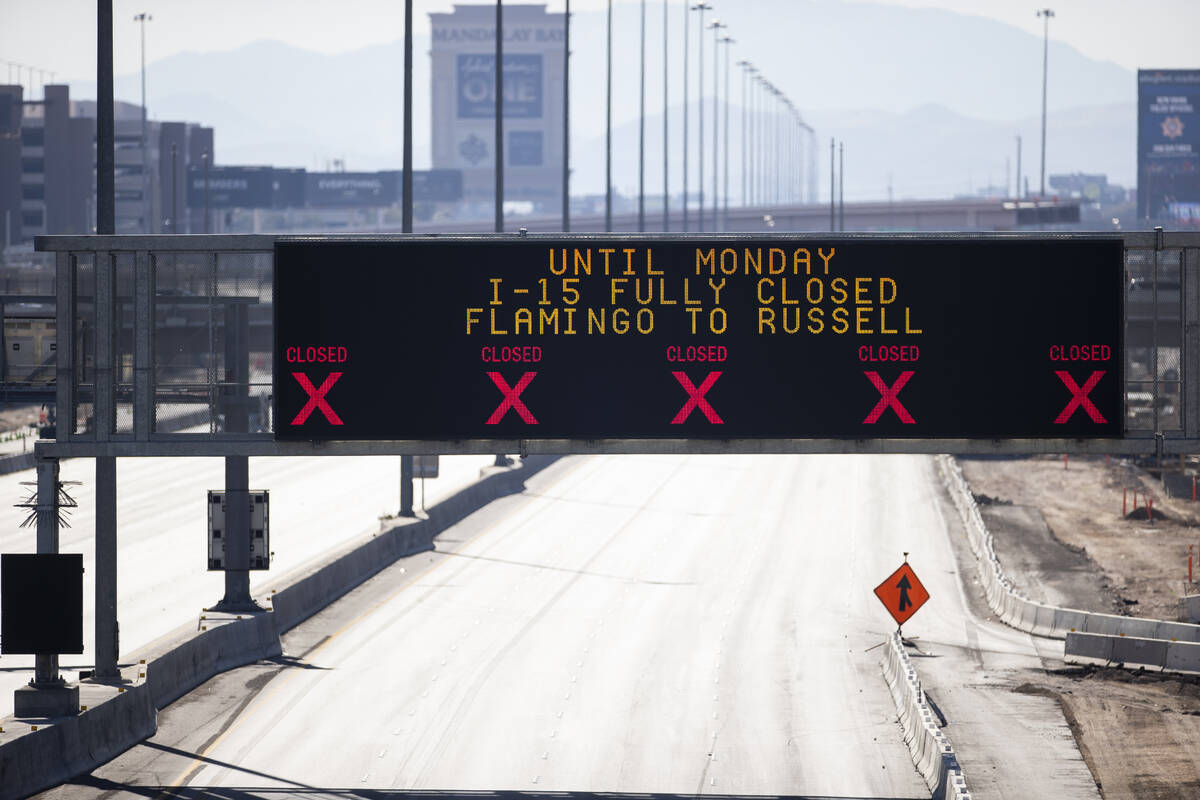 The completely closed I-15 freeway between Russell and Flamingo roads is seen from near the Fla ...