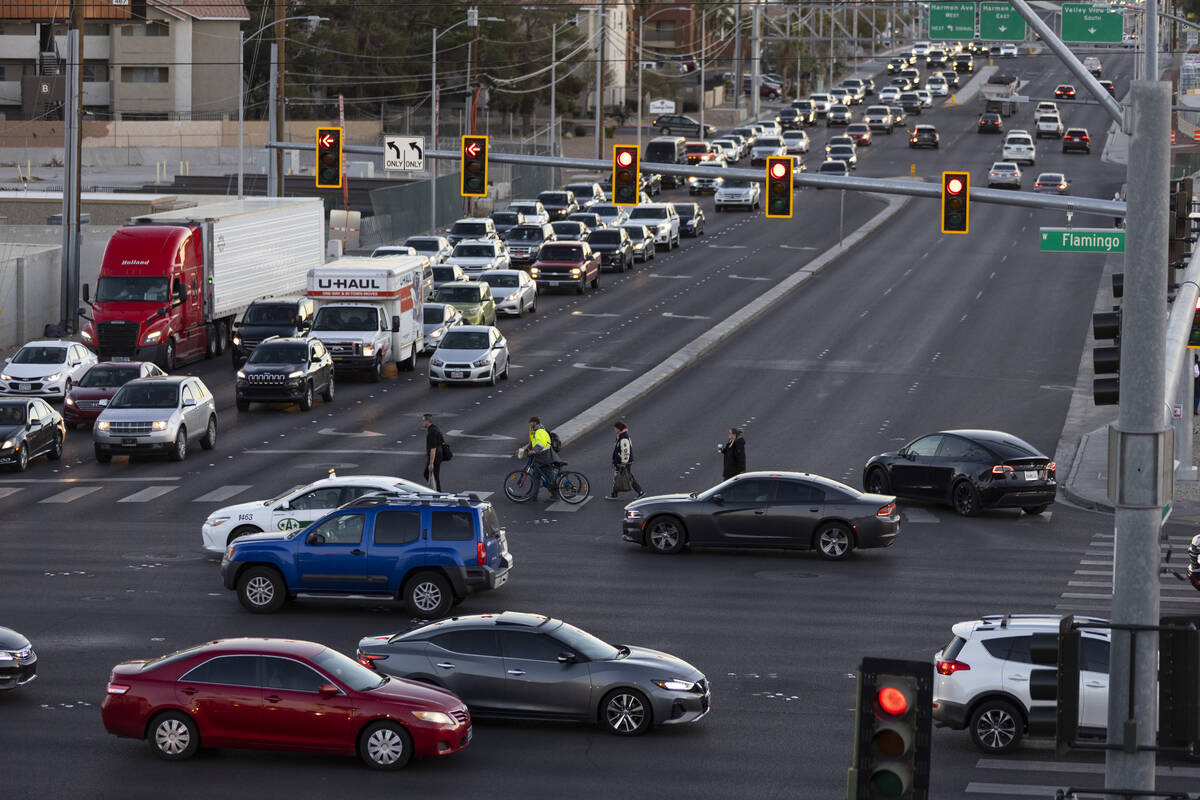 Traffic is seen at the intersection of Flamingo Road and Valley View Boulevard as construction ...