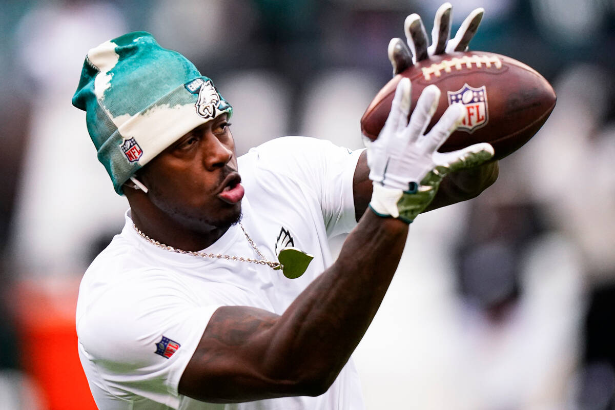 Philadelphia Eagles wide receiver A.J. Brown warms up before the NFC Championship NFL football ...