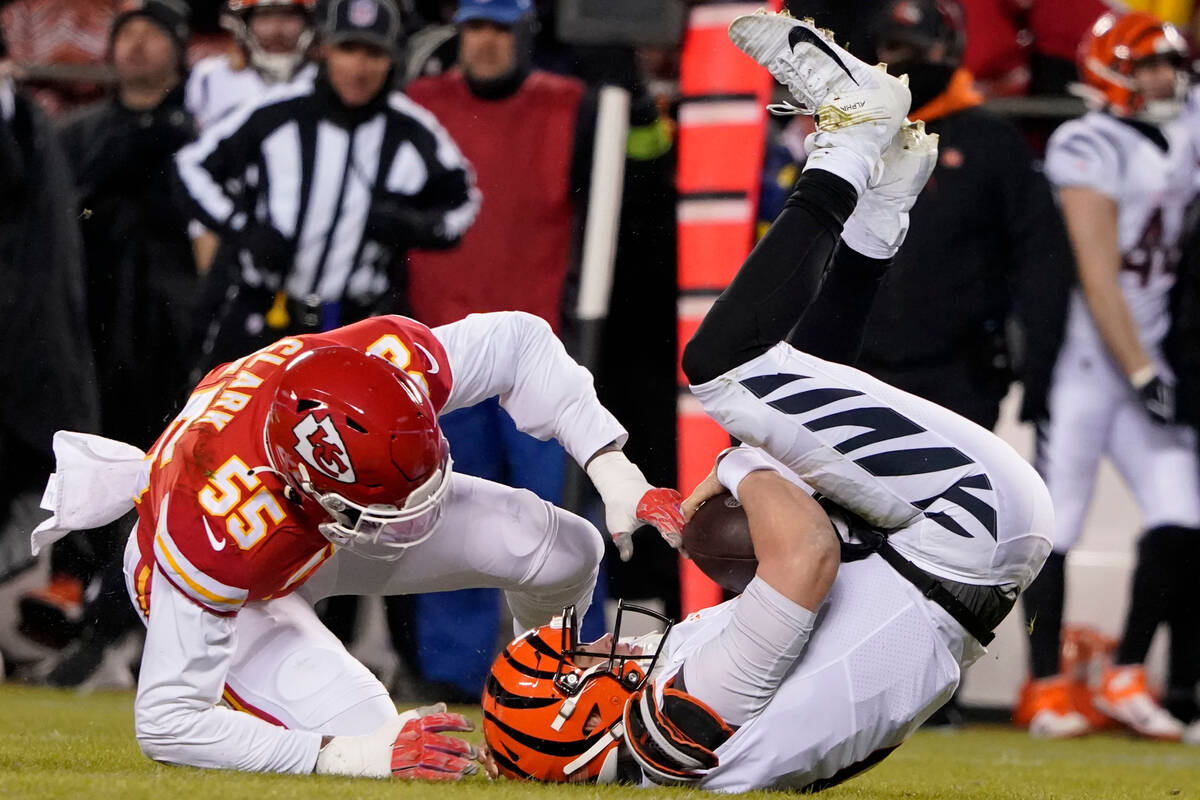 Cincinnati Bengals quarterback Joe Burrow is sacked by Kansas City Chiefs defensive end Frank C ...