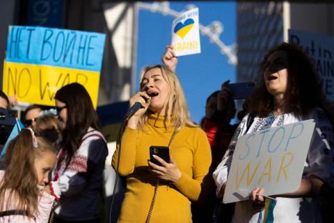Mariana Sombil sings a Ukrainian hymn during a protest of the Russian invasion of Ukraine on th ...