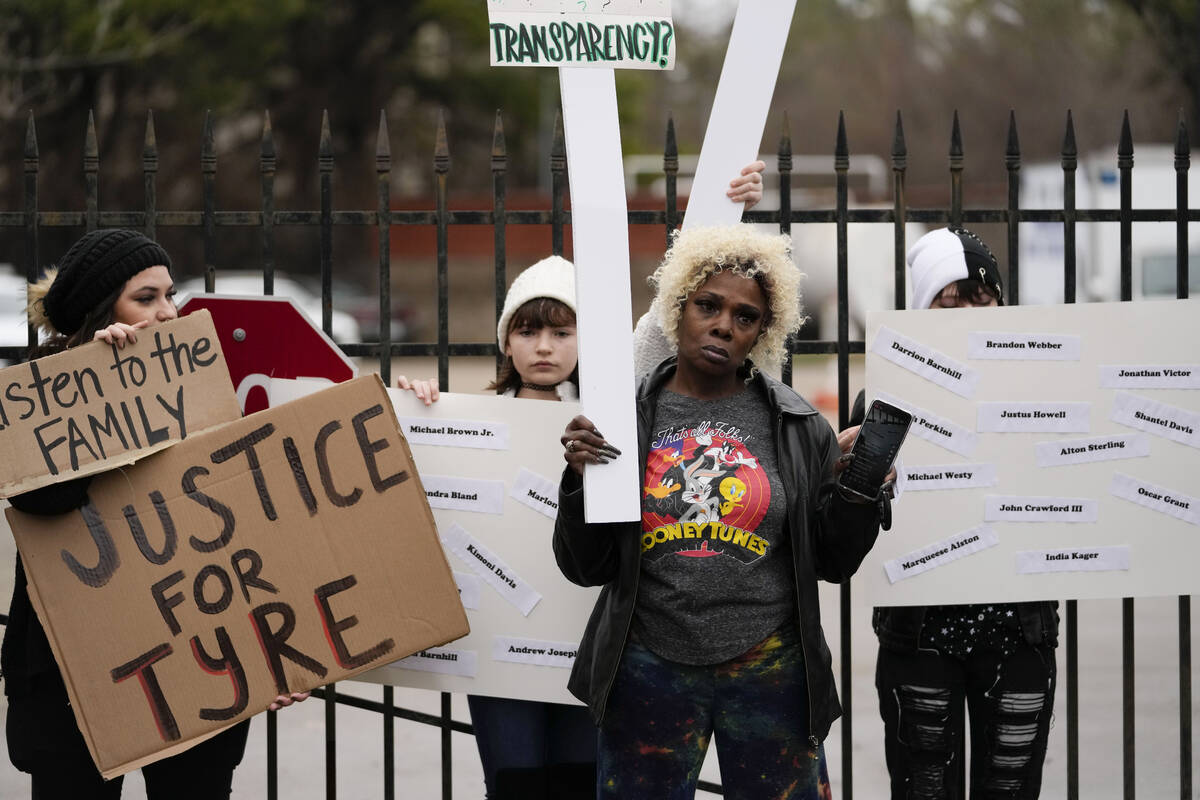 A group of demonstrators protest outside a police precinct in response to the death of Tyre Nic ...