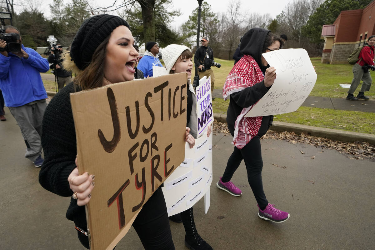 A group of demonstrators protest outside a police precinct in response to the death of Tyre Nic ...