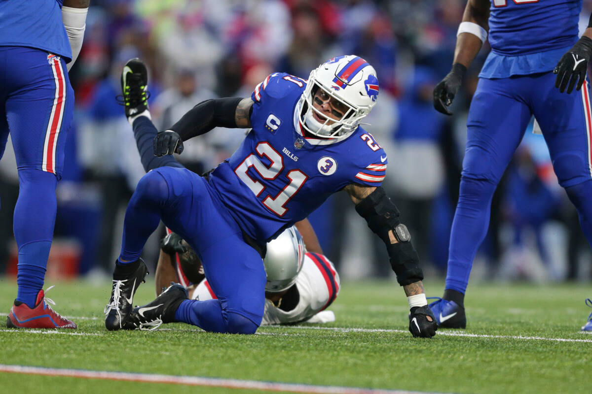 Buffalo Bills safety Jordan Poyer (21) gets up after a tackle during the second half of an NFL ...