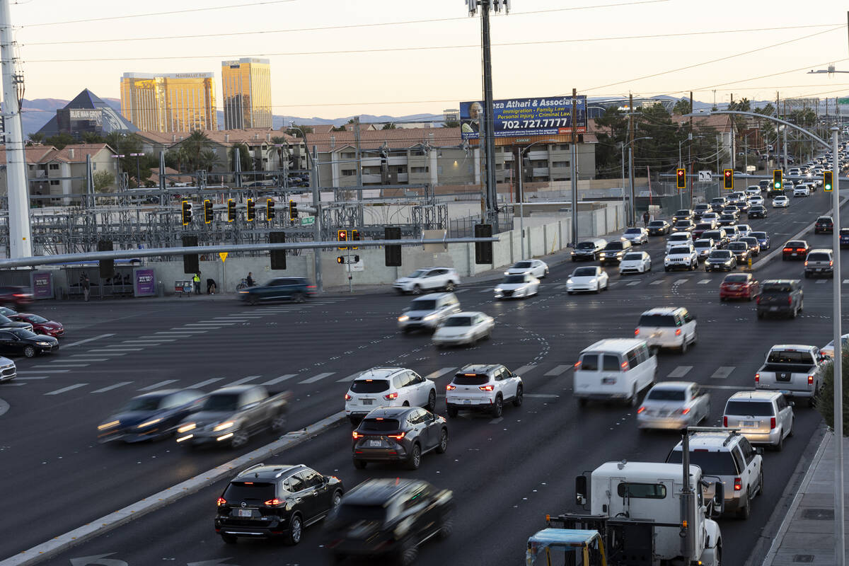 Traffic is seen at the intersection of Flamingo Road and Valley View Boulevard as construction ...
