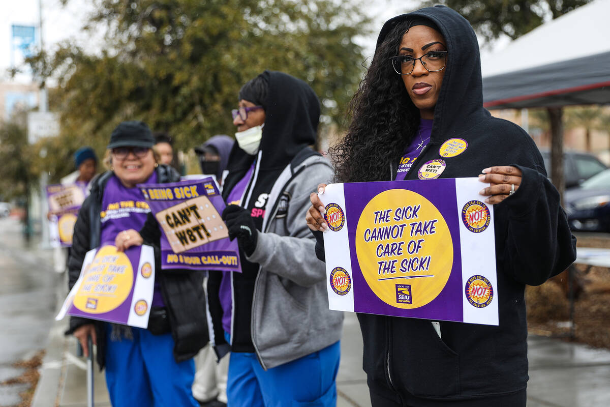 Michelle Maese, SEIU Local 1107 president, participates in a picket outside UMC in Las Vegas on ...