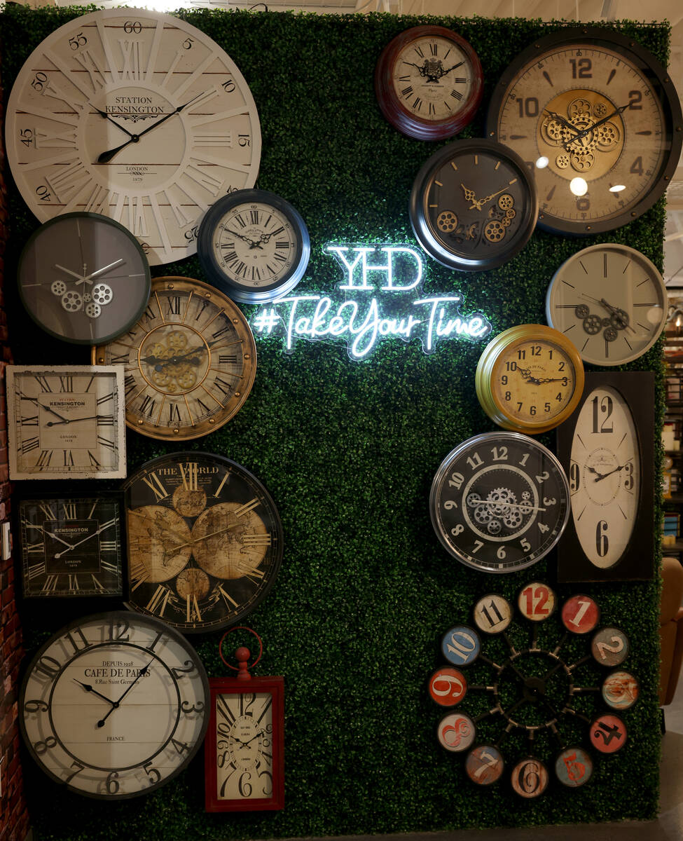Decorative clocks in the Yosemite Home Decor showroom during the biannual Las Vegas Market home ...
