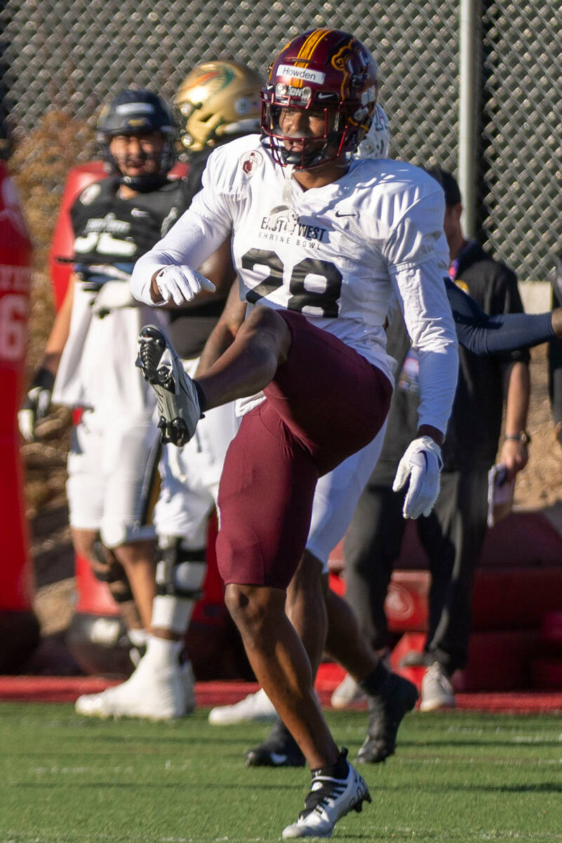 West safety Jordan Howden (28) stretches during practice for the East West Shrine Bowl football ...