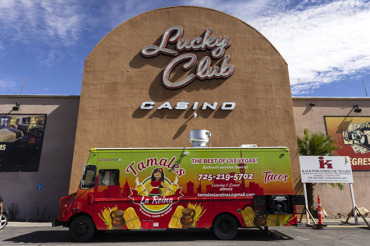 A food truck is packed in front of Lucky Club hotel-casino on Tuesday, Sept 20, 2022, in North ...