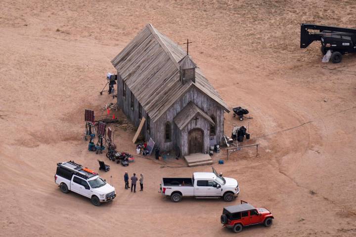FILE - This aerial photo shows the movie set of "Rust" at Bonanza Creek Ranch in San ...