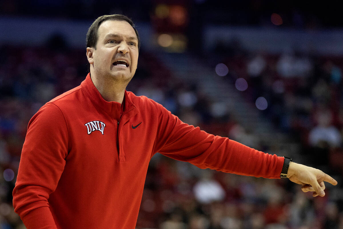 UNLV Rebels head coach Kevin Kruger shouts from the sidelines during the first half of an NCAA ...