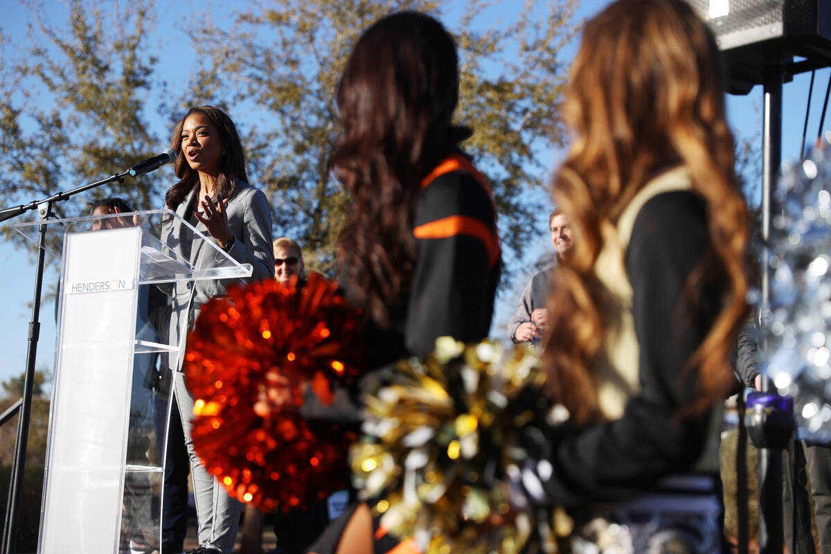 Sandra Douglass Morgan, center, president for the Raiders, speaks during a NFL Pro Bowl week ki ...