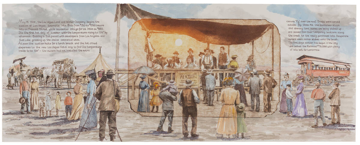 Artist Roy Purcell re-creates the 1905 land auction that launched downtown Las Vegas in one of ...