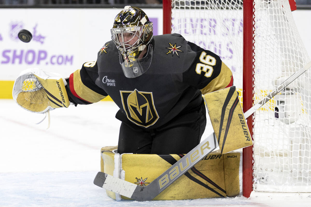 In this Nov. 23, 2022, file photo, Golden Knights goaltender Logan Thompson (36) prepares to ma ...