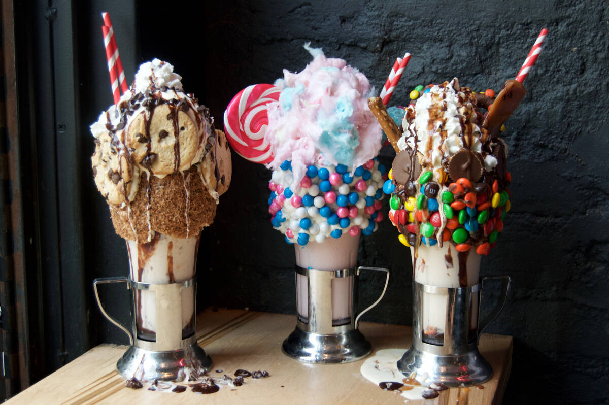From left: The Cookie, Cotton Candy and Sweet 'N Salty CrazyShakes from Black Tap Craft Burgers ...