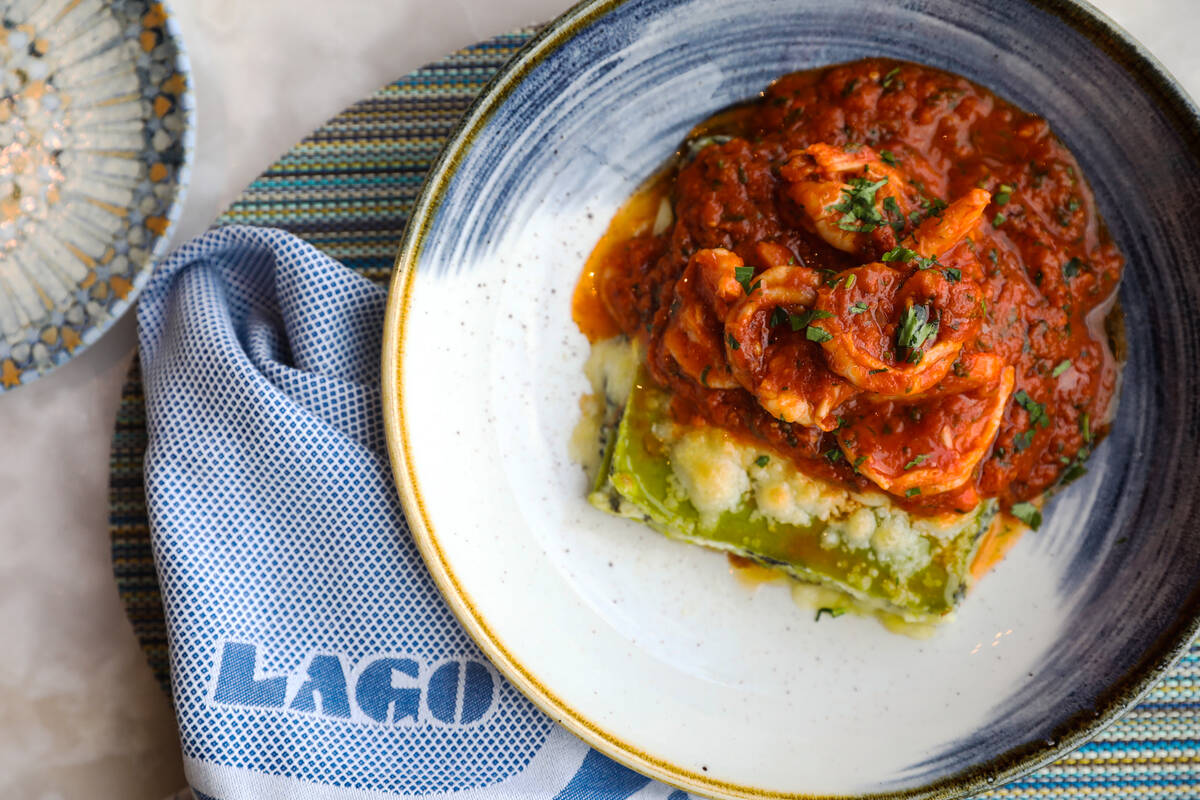 The lasagna with shrimp arrabiata at Lago, a fine dining restaurant of Italian dishes, at the B ...