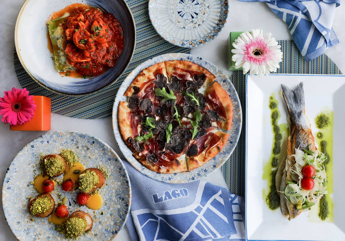 Seared scallops, clockwise from left, lasagna with shrimp arrabiata, Lago pizzetta, and grilled ...