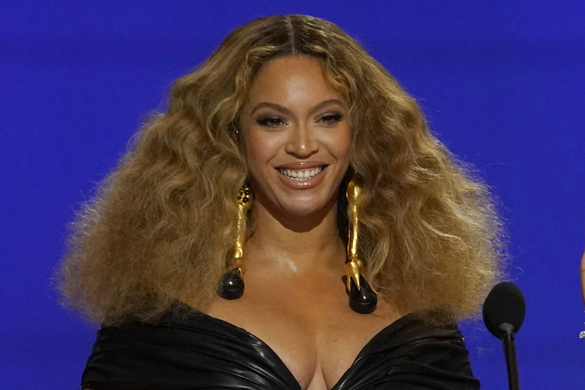 Beyonce appears at the 63rd annual Grammy Awards in Los Angeles, on March 14, 2021. (AP Photo/C ...