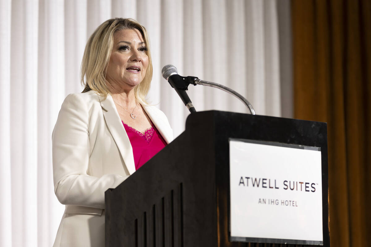 Henderson Mayor Michelle Romero speaks during a groundbreaking for the Atwell Suites hotel at T ...