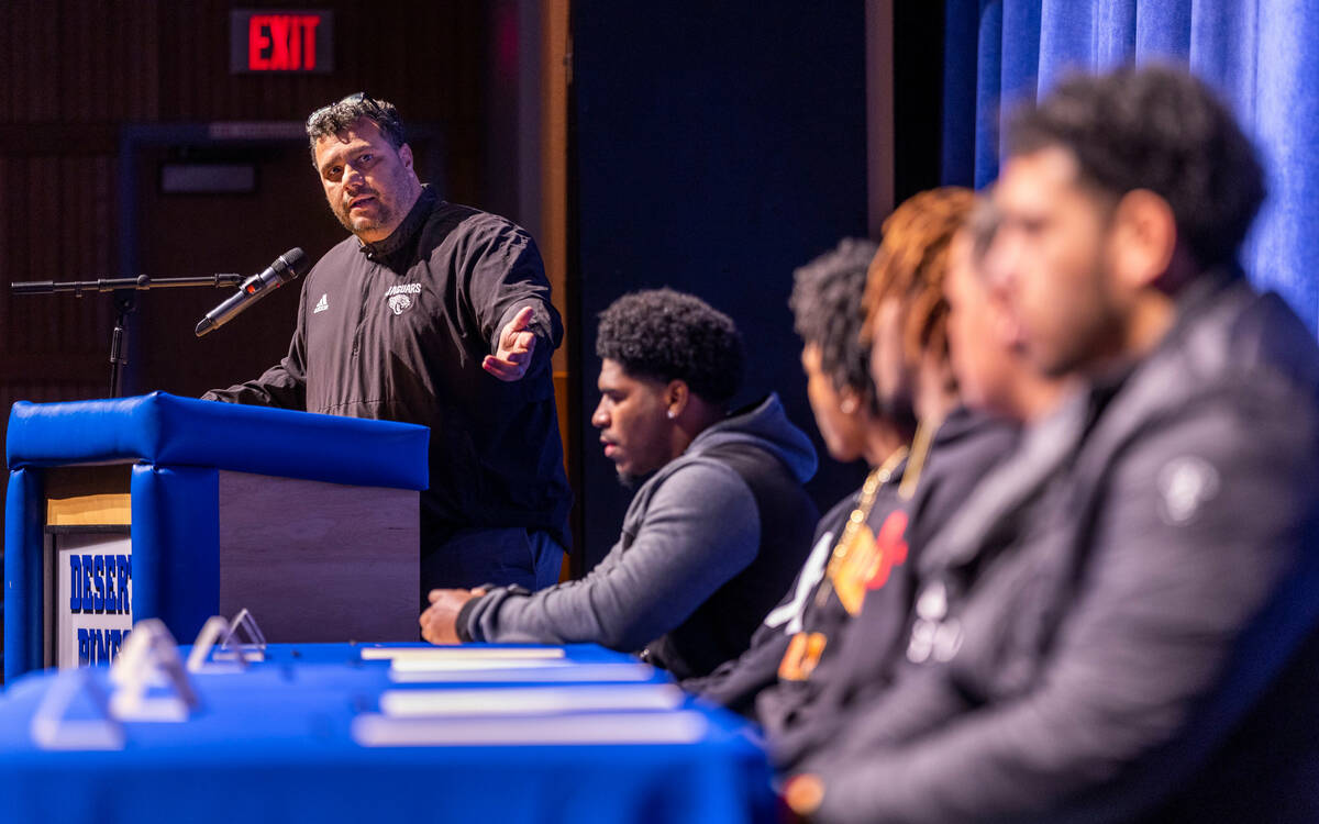 Head football coach Tico Rodriguez has kind words to say as he introduces 6 of the Desert Pines ...