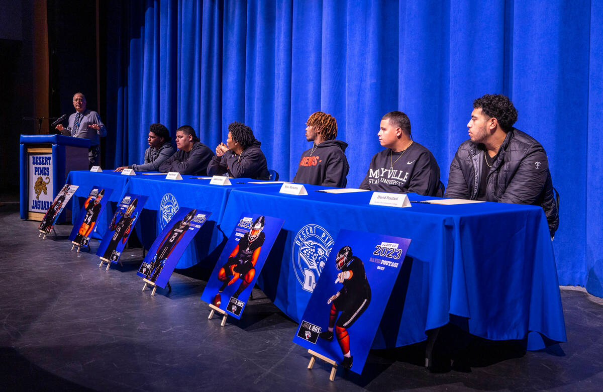 Desert Pines High School football players signing with college programs on Wednesday, Feb. 1, 2 ...