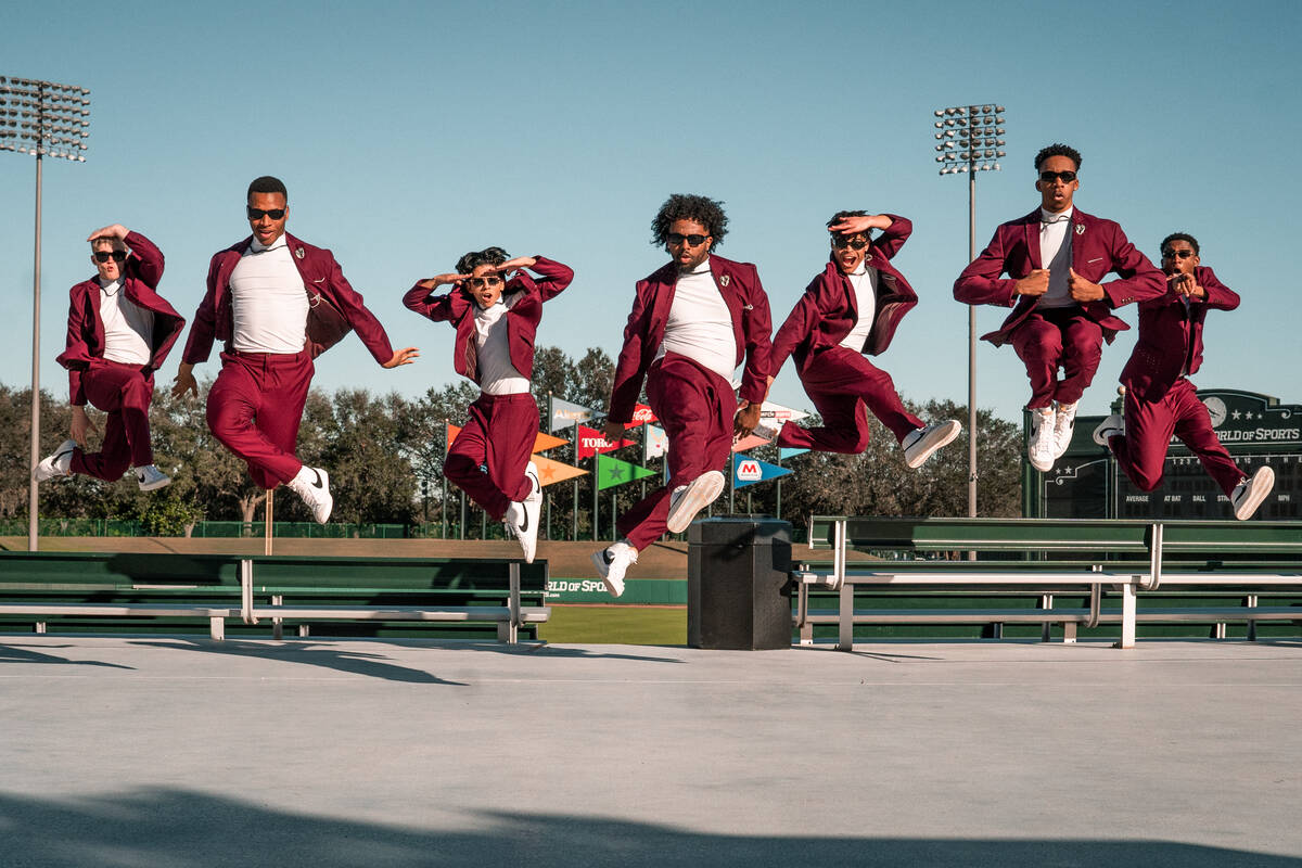 The male dancers of UNLV's Rebel Girls & Company at the 2023 Universal Dance Association colleg ...