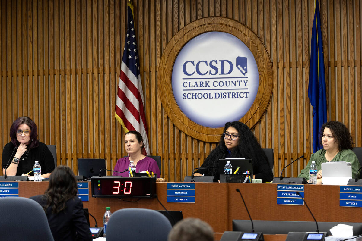 Clark County School District Board of Trustees Lisa Guzmán, left, Lola Brooks, Irene Ceped ...