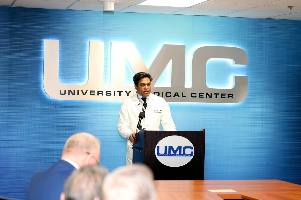 Dr. Sunil Patel, the program director for UMC’s transplant program, speaks at a press confere ...