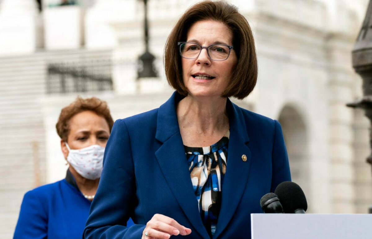 Sen. Catherine Cortez Masto, D-Nevada., speaks during a news conference on April 26, 2022, on C ...