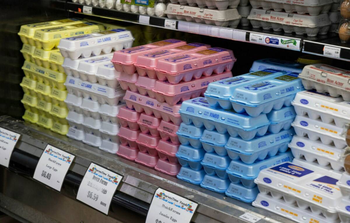 Cartons of eggs are on display at HarvesTime Foods on Thursday, Jan. 5, 2023, in Chicago. (AP ...